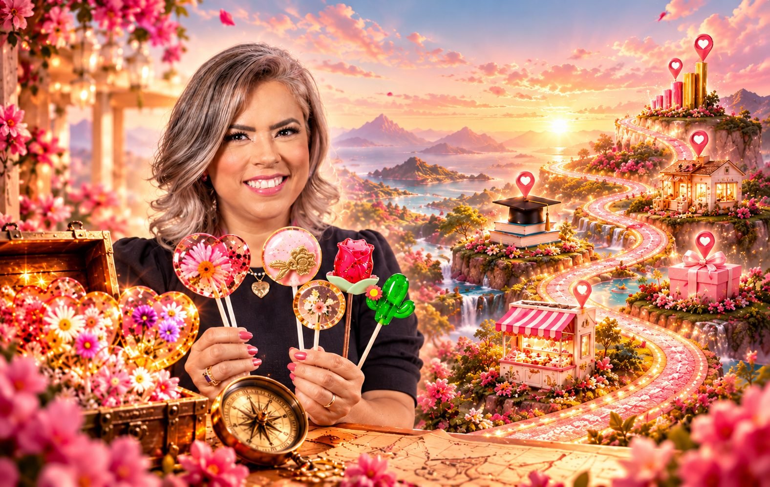 Jornada encantada com Lorena, pirulitos de cristal e caminhos de possibilidades